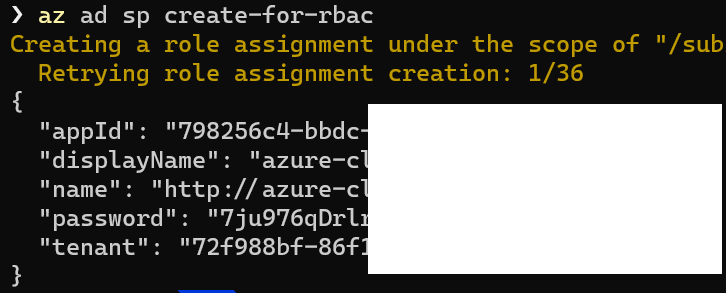 az ad sp create-for-rbac output
