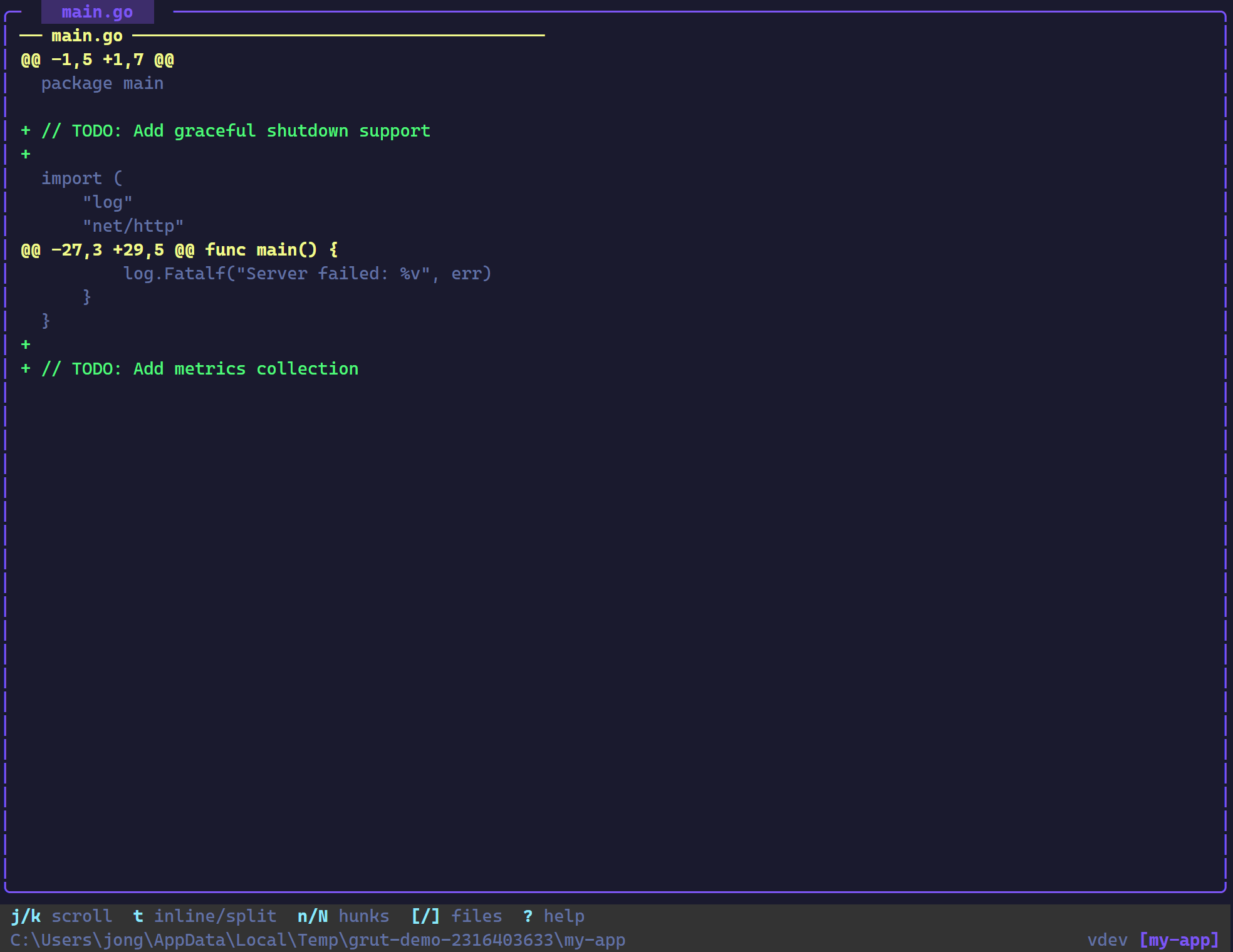 "Inline diff view with syntax-highlighted additions and deletions"
