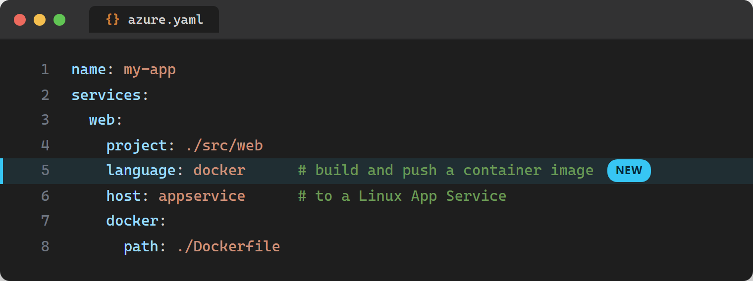 azure.yaml showing language docker and host appservice with a docker path