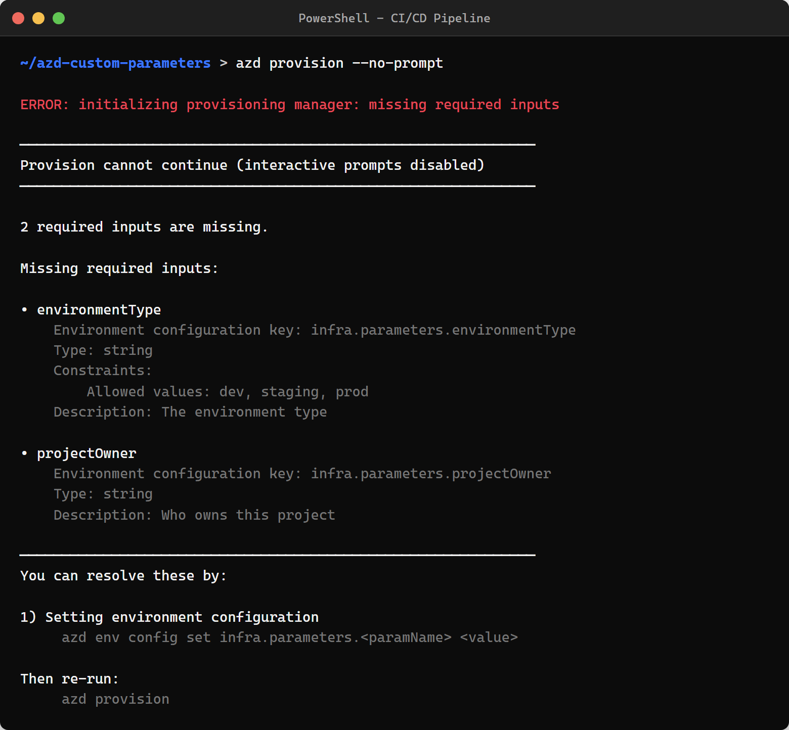 azd showing missing required inputs error with parameter details and resolution steps