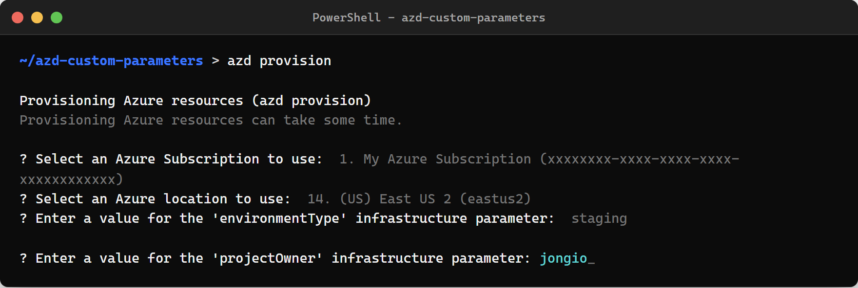 azd prompting for free-text input for projectOwner