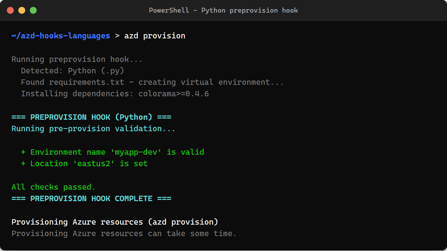 Python preprovision hook validating environment name and location with green checkmarks