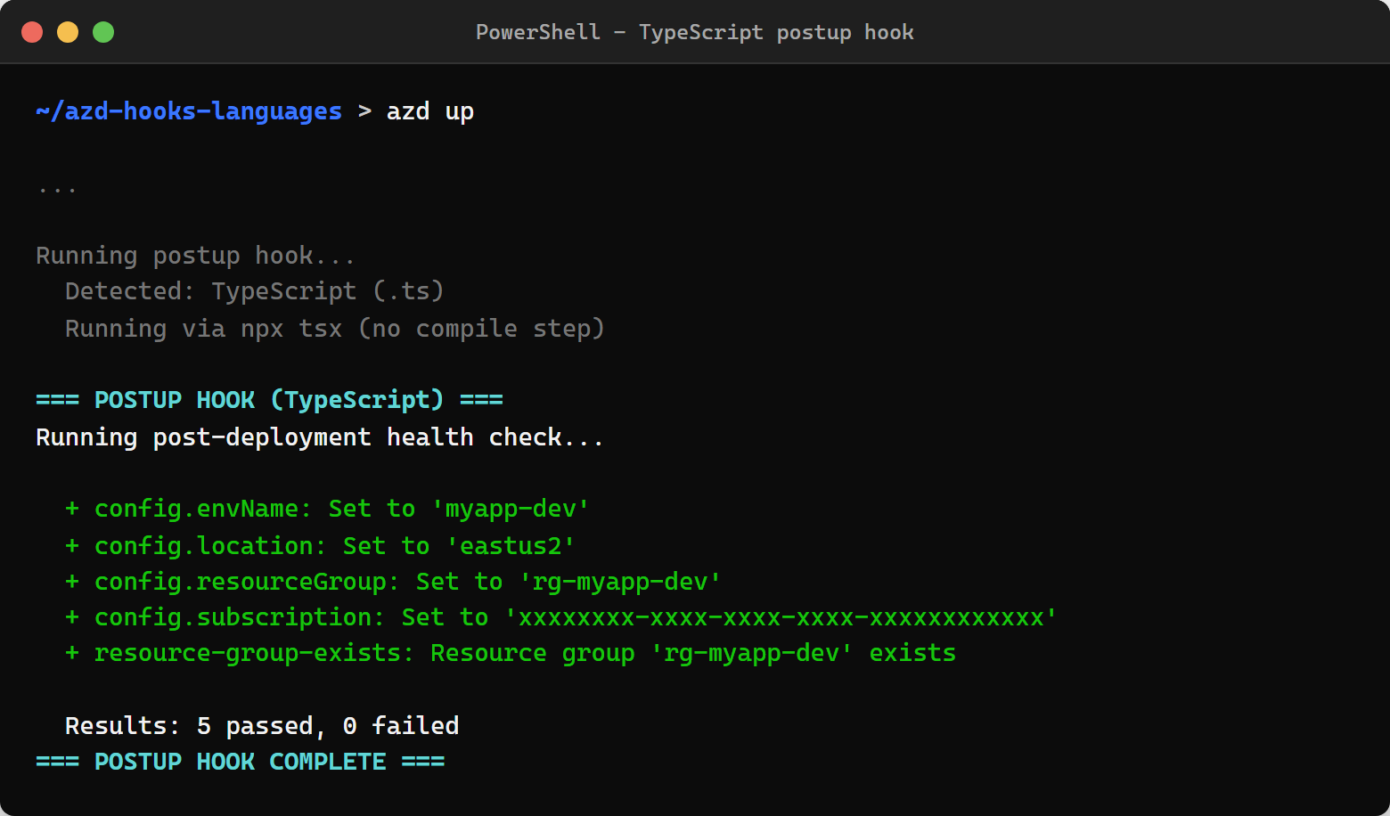 TypeScript postup hook running health checks with typed results showing pass/fail status