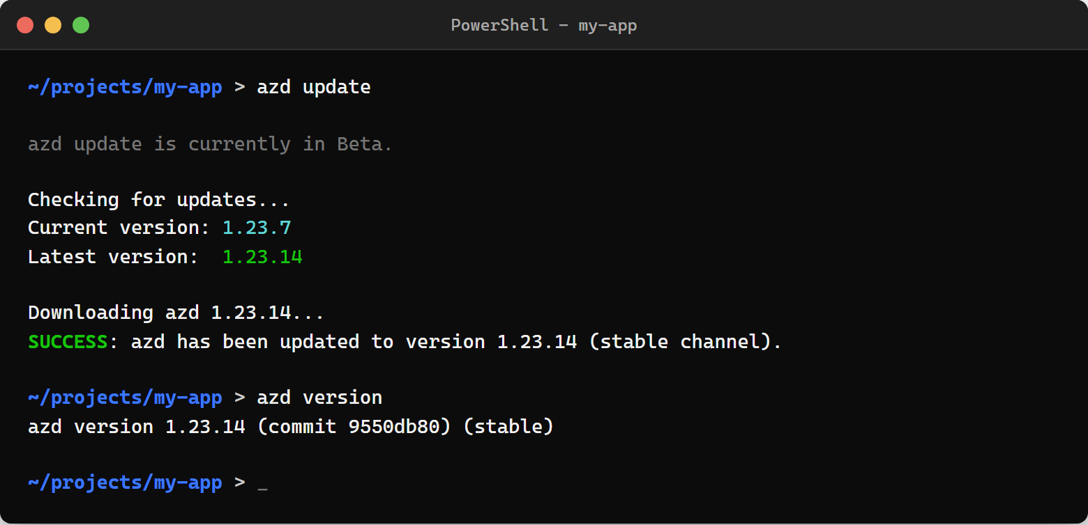Running azd update - shows current version, downloads the latest, confirms the update