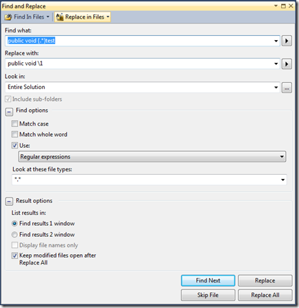 How to do a search and replace in Visual Studio with Regular Expressions |  Jon Gallant