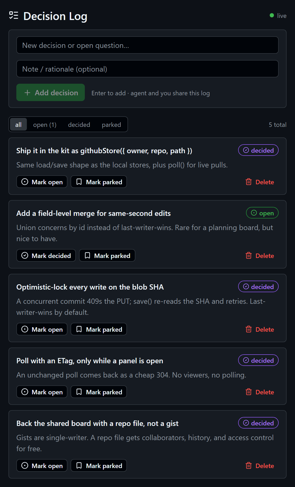The Decision Log Copilot canvas, showing an add-decision form, filter tabs, and a list of decisions with open and decided status badges