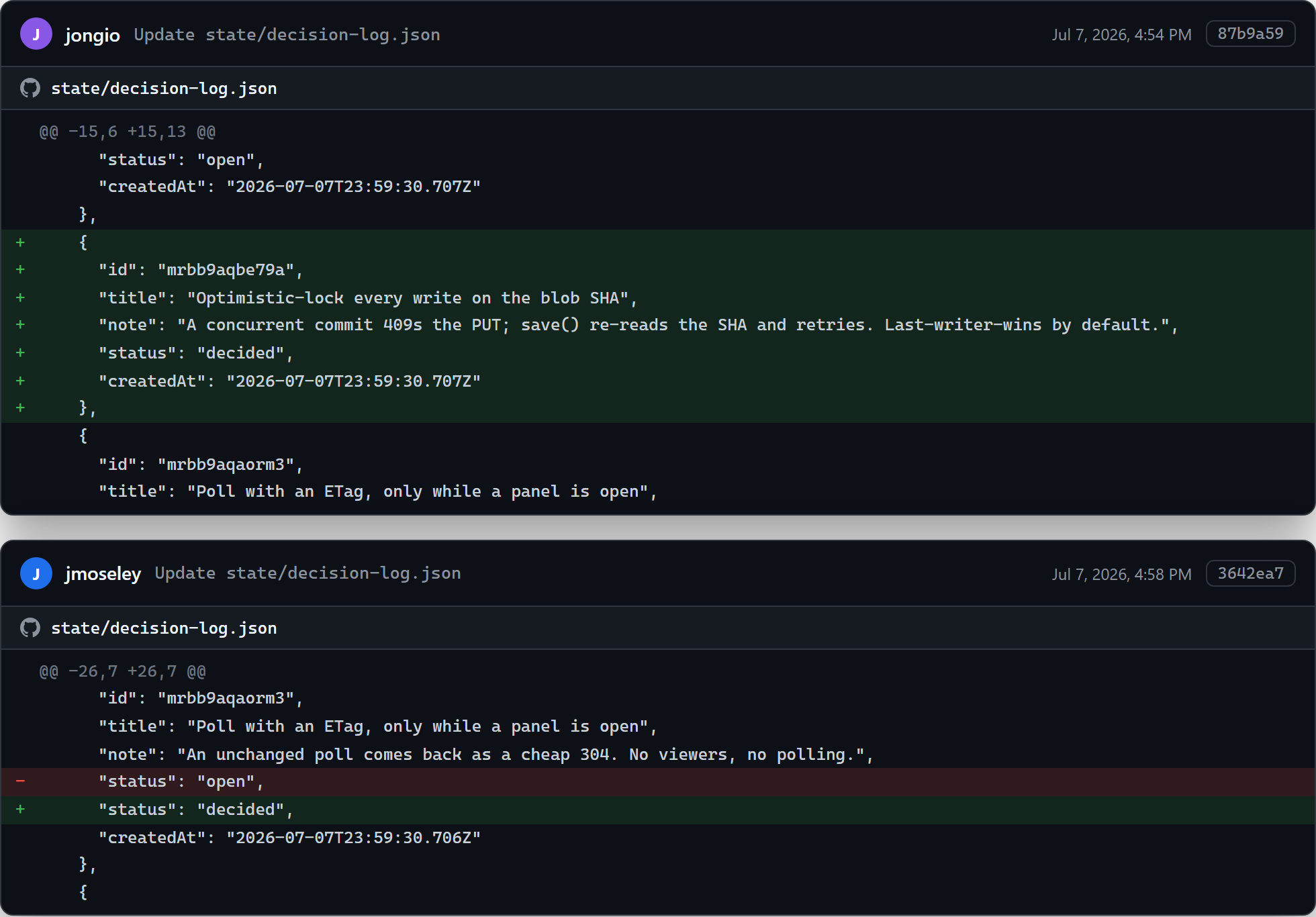 Two GitHub-style commit diffs of state/decision-log.json, one from jongio adding a decision and one from jmoseley changing a status from open to decided
