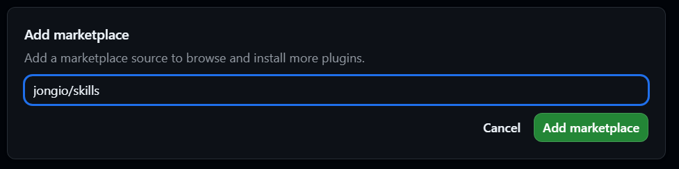 The Add marketplace dialog with jongio/skills entered