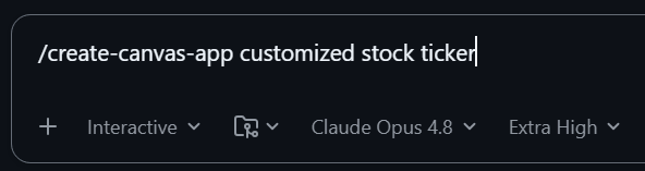 Invoking create-canvas-app from the Copilot composer with the prompt “customized stock ticker”