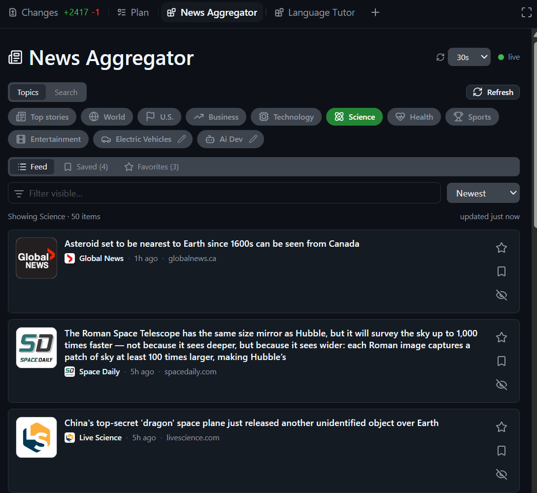 A News Aggregator canvas built with create-canvas-app - live headlines grouped by topic with feed, saved, and favorites tabs, themed to match GitHub