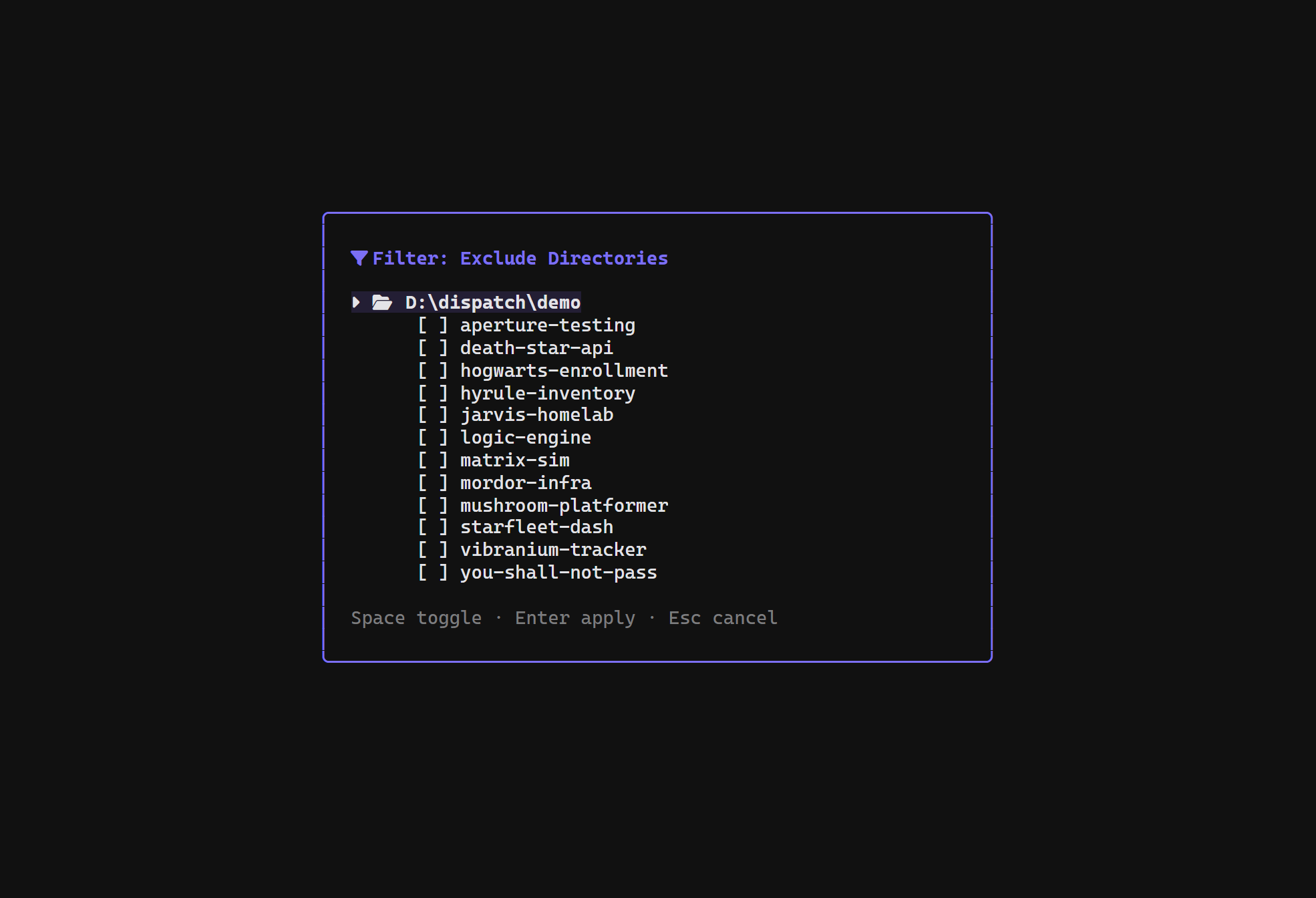 "Dispatch directory filter panel showing a tree of directories with toggle controls"