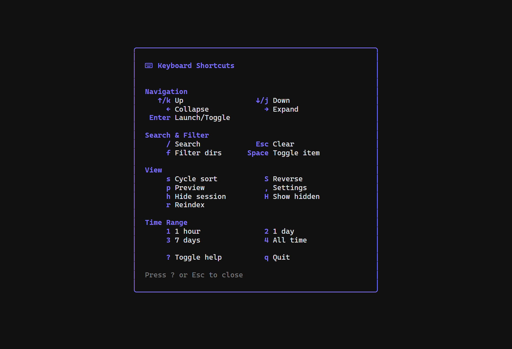 "Dispatch help overlay showing two columns of grouped keyboard shortcuts"