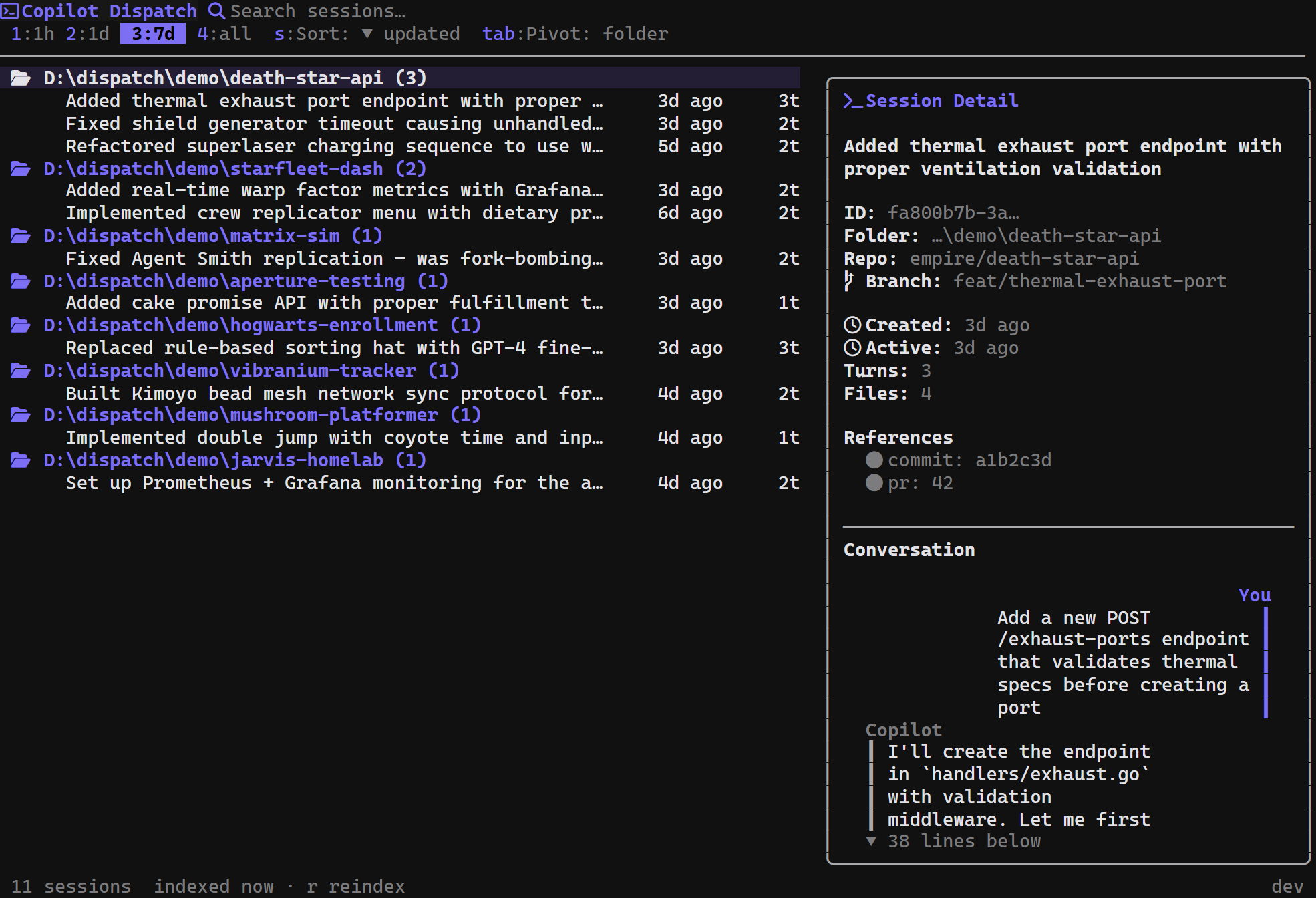 "Dispatch preview pane showing conversation bubbles, checkpoints, and file references for a selected session"