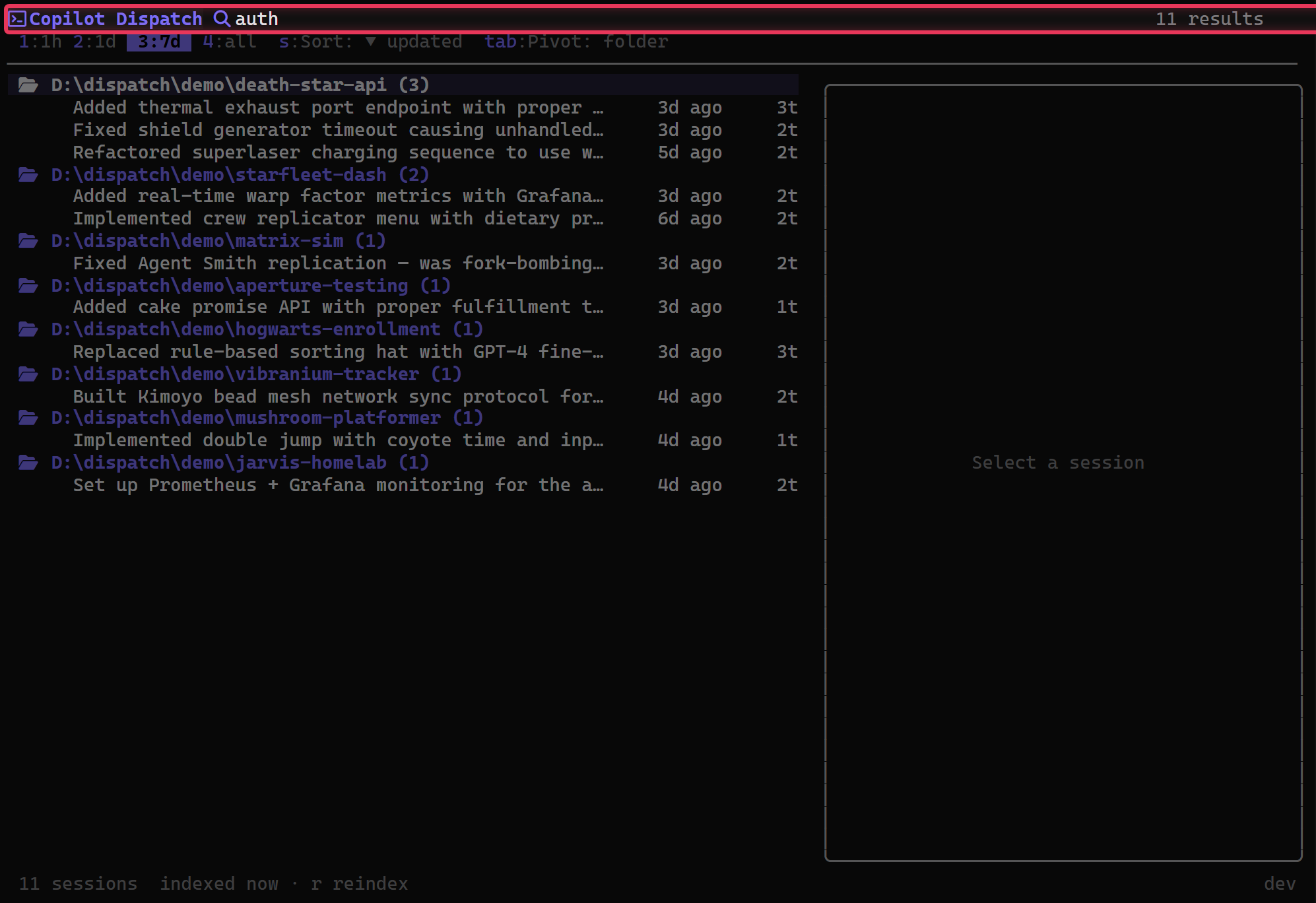 "Dispatch search showing results filtered by search query with matching sessions highlighted"