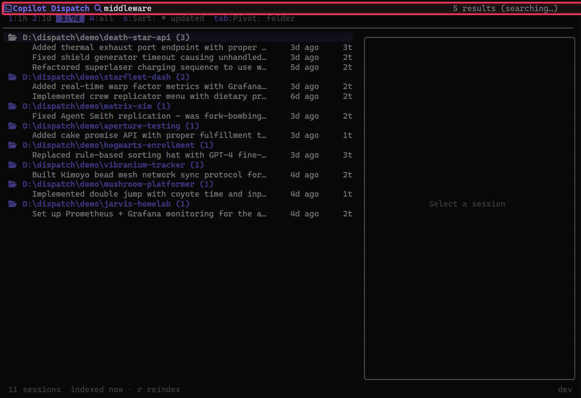 "Dispatch deep search results showing full-text matches across conversation history"